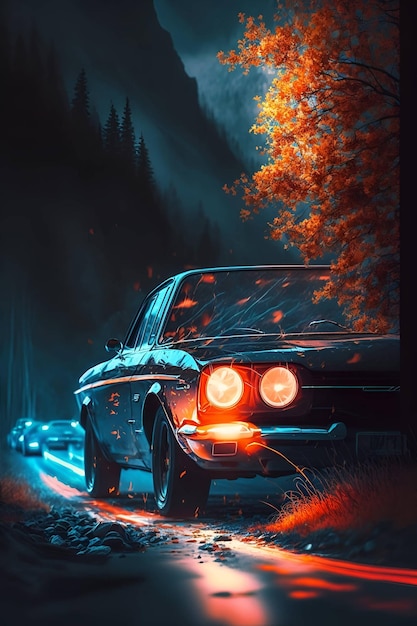 Car driving on the road summer retro full artistic