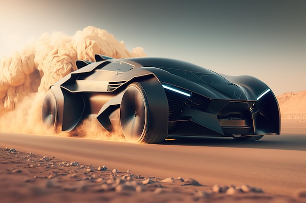 모래 사막 정면에서 운전하는 자동차 스포츠카 미래형 자율 차량 HUD 자동차 생성 AI