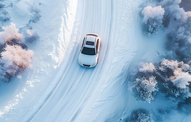 Car driving on snowy road in winter top view