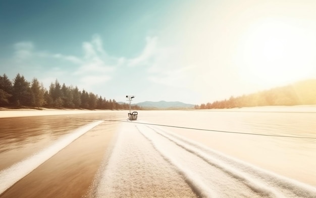 A car driving on a snowy road with the sun shining on the snow.