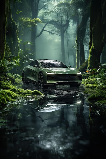 a car driving through a forest