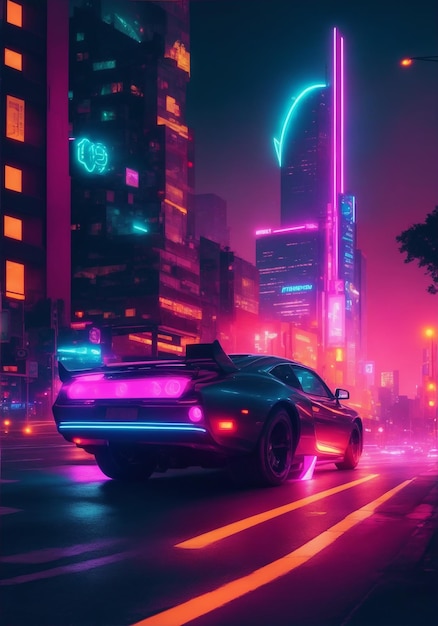 A car driving through a futuristic city full of neon lights