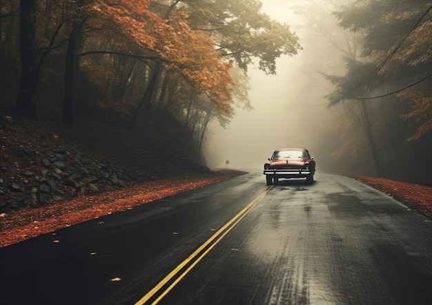 A car driving through a scenic route with autumn rain creating a misty atmosphere