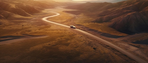 Car driving on winding road in the valley under sunset Created with Generative AI technology