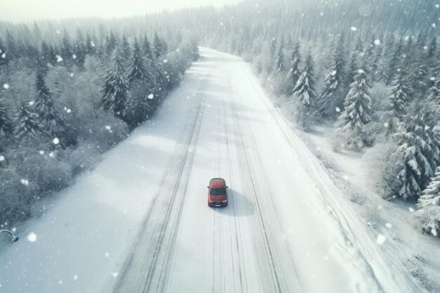 大雪で覆われた森の冬の高速道路で運転する車 冬の季節的なコンセプト