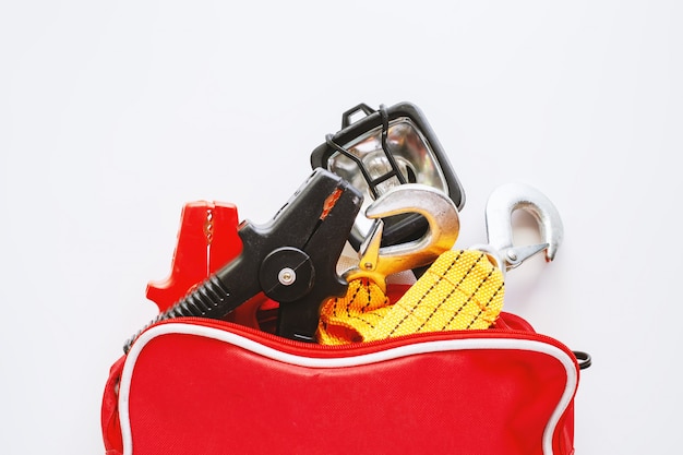 Car emergency kit on white background