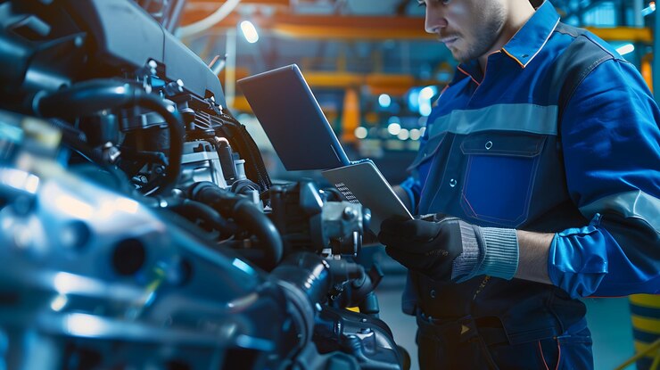 Photo car engine mechanic uses laptop to repair engine