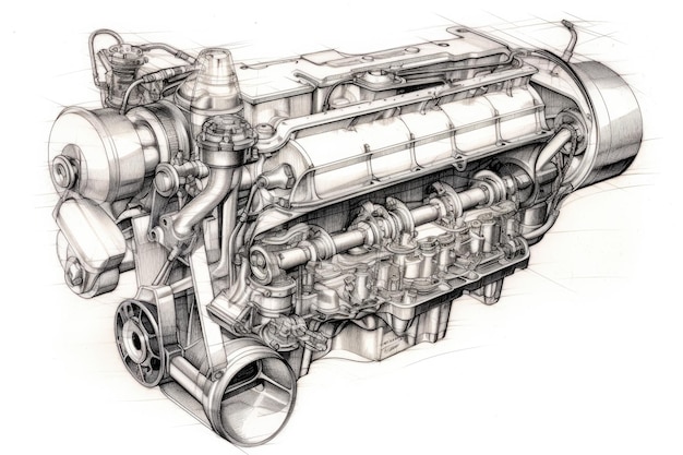 Car engine sketch drawn by an engineer