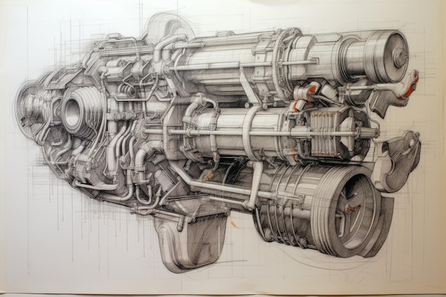 Car engine sketch drawn by an engineer