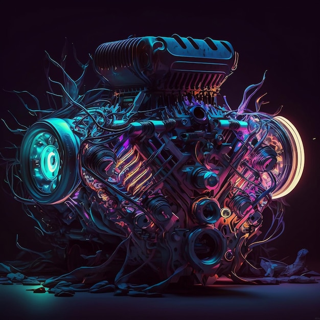 A car engine with a neon glow on the top.