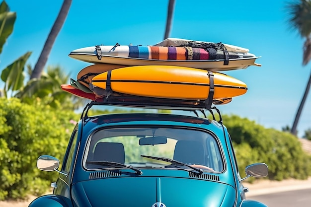 Photo a car equipped with surfboards and other sporting equipment generative ai