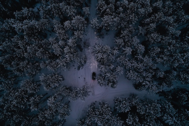 car in the evening forest in winter, top view, copter, aero photo, landscape winter forest