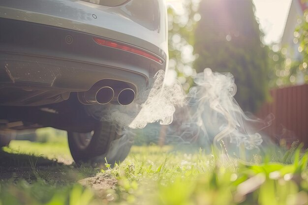 写真 自動車の排気ガス - 緑の芝生や花に有害な自動車の排気