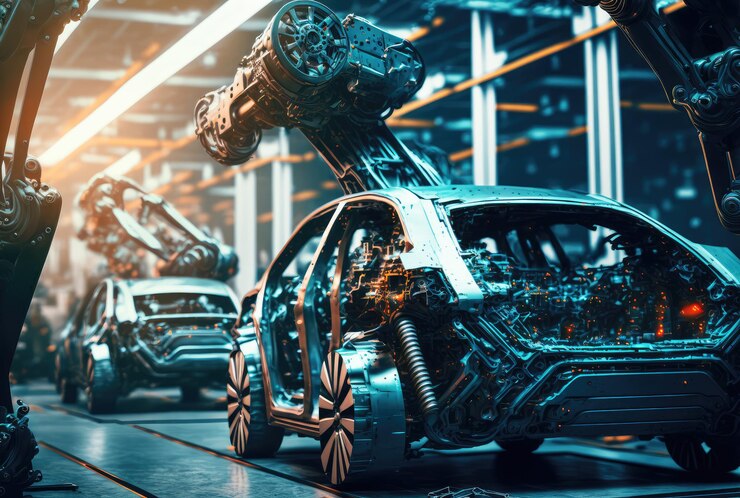 Photo car factory assembly line with automatic robotic arms working generative ai