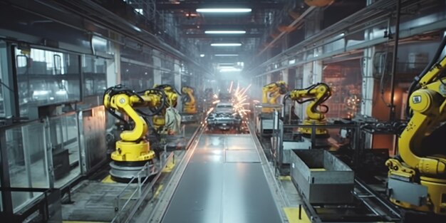 Photo car factory automated robot arm assembly line manufacturing advanced hightech vehicles