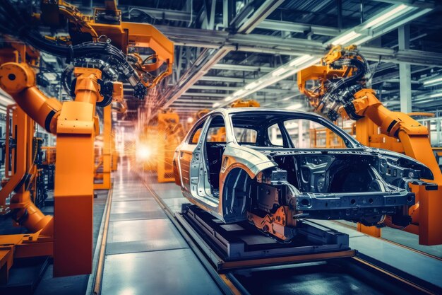 Car Factory Automotive production line Automated Robot Arm Assembly Line Electric Vehicles Generative Ai