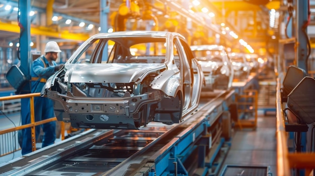 car factory conveyor workers assembling cars