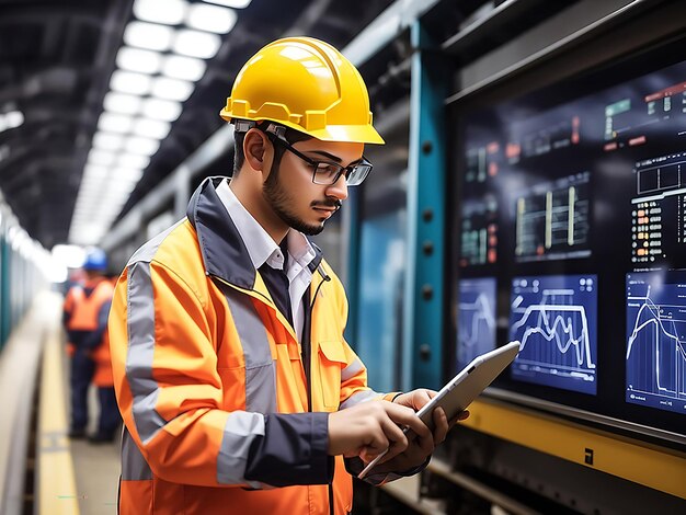 Car Factory Engineer in High Visibility Vest Using Laptop Computer Car Factory Engineer in High