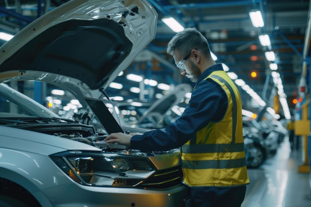 Инженер автомобильного завода использует ноутбук на автоматизированном сборочном заводе