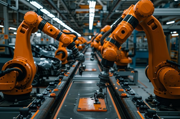 Photo a car factory production line with robotic arms a hightech and futuristic atmosphere a wideangle len