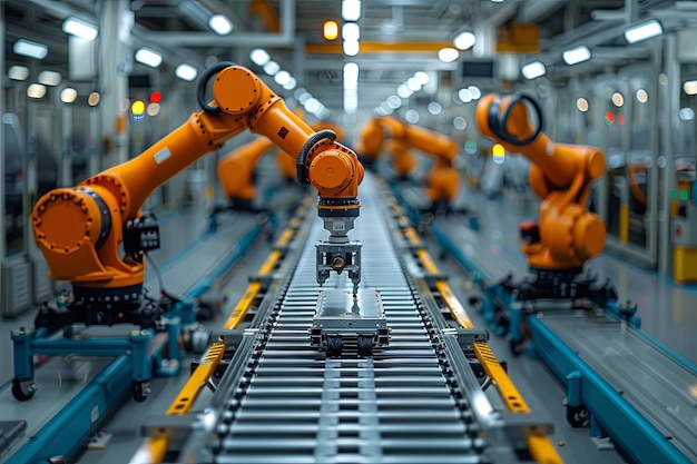 A car factory production line with robotic arms a hightech and futuristic atmosphere a wideangle len