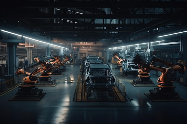 A car factory with many cars on the assembly line Generative AI