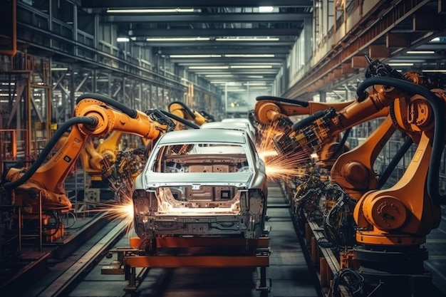 Car factory with robotic arms at assembly line Generative AI