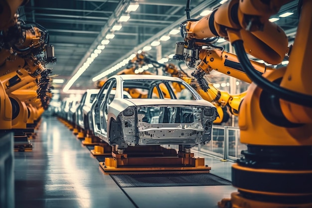 Car factory with robotic arms at assembly line Generative AI