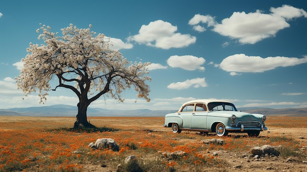 Car in field and single tree