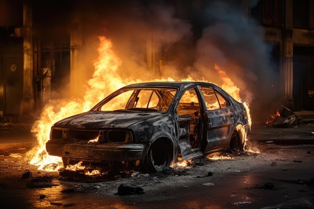 Car on fire amid civil unrest