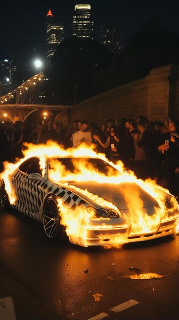 a car on fire on a city street
