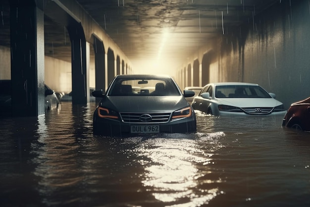 A car in a flooded parking lot is surrounded by water.