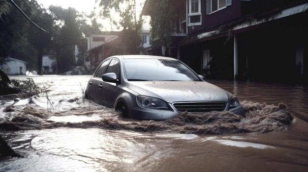 Photo car in a flooded street after heavy rain