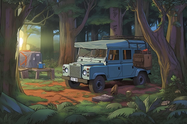 A car in a forest with a sign that says'land rover '