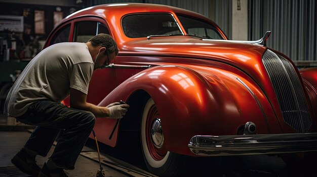 Car for a fresh paint job follows comprehensive body repairs as skilled technicians ensure every surface is primed and ready Generated by AI