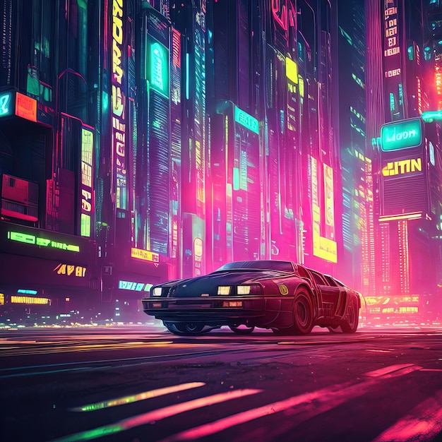 A car in front of a neon city with the word cyberpunk on the side.