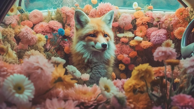 A car full of flowers with a fox in the front of it.