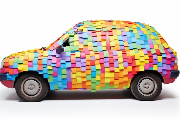 A car fully covered with hundreds of colored postit notes
