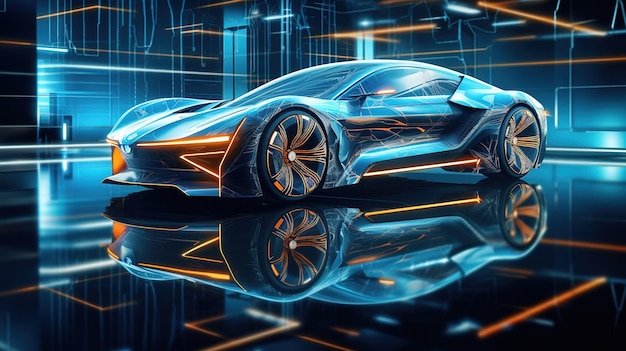 Photo car of the future futuristic car development data scanning and analysis service generative ai