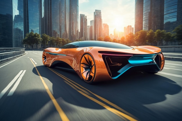 Photo a car of the future with a futuristic orangecolored design drives on the road of a major city