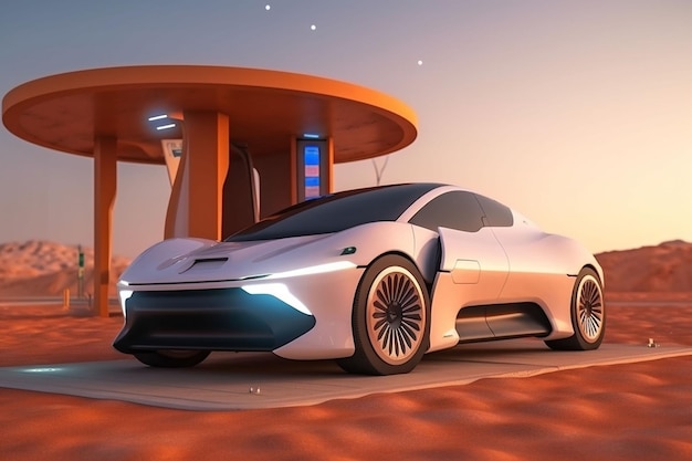 Car futuristic auto electric drive transport automotive transportation refueling desert Generative AI