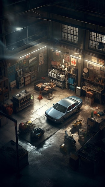 A car in a garage with a sign that says'car in the garage '