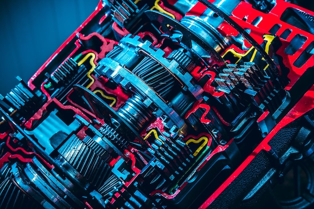 Car gearbox transmission closeup at the service station