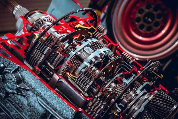 Car gearbox transmission closeup at the service station