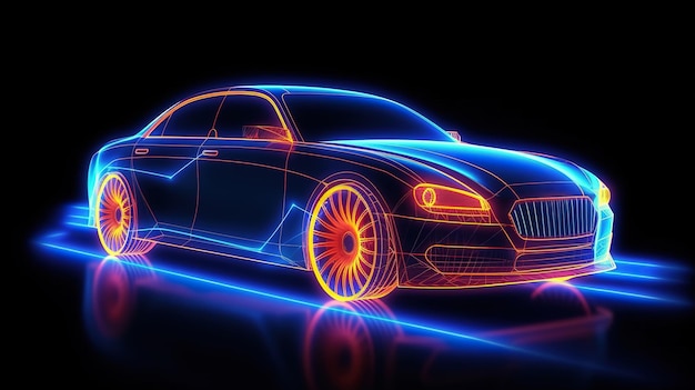 A car in a glowing neon style made of neon lines