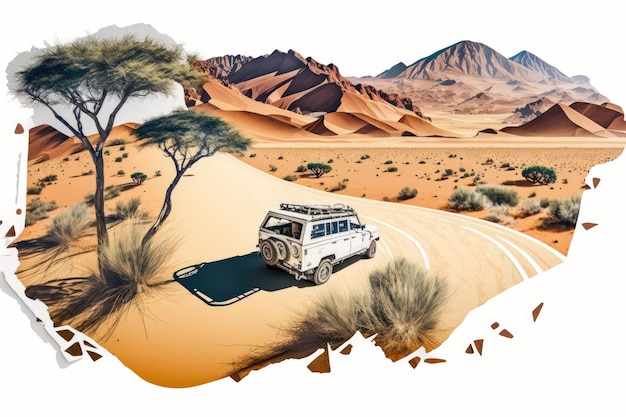 砂漠の真ん中にある砂利道の車を上から見た砂地の風景の周りに誰もいない