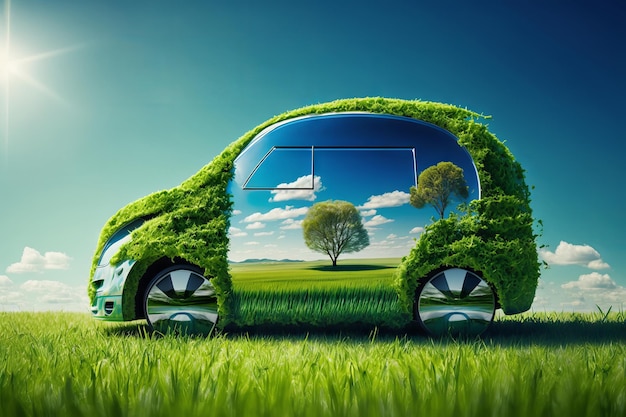 Car on green meadow Eco car concept Generative Ai