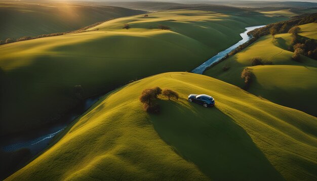 Photo a car on a hill with a river in the background