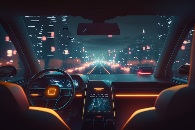 Photo car interior neon monitor steering wheel and controls rear view sports car futuristic autonomous vehicle hud car generative ai