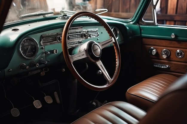 Car interior with dashboard and console accessories in the style of retro created with generative ai